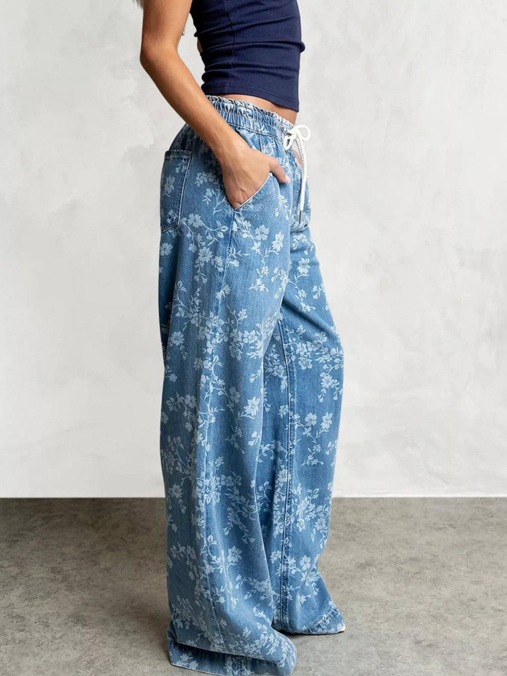 Drawstring Floral Wide-Leg Jeans - Lilixa.store