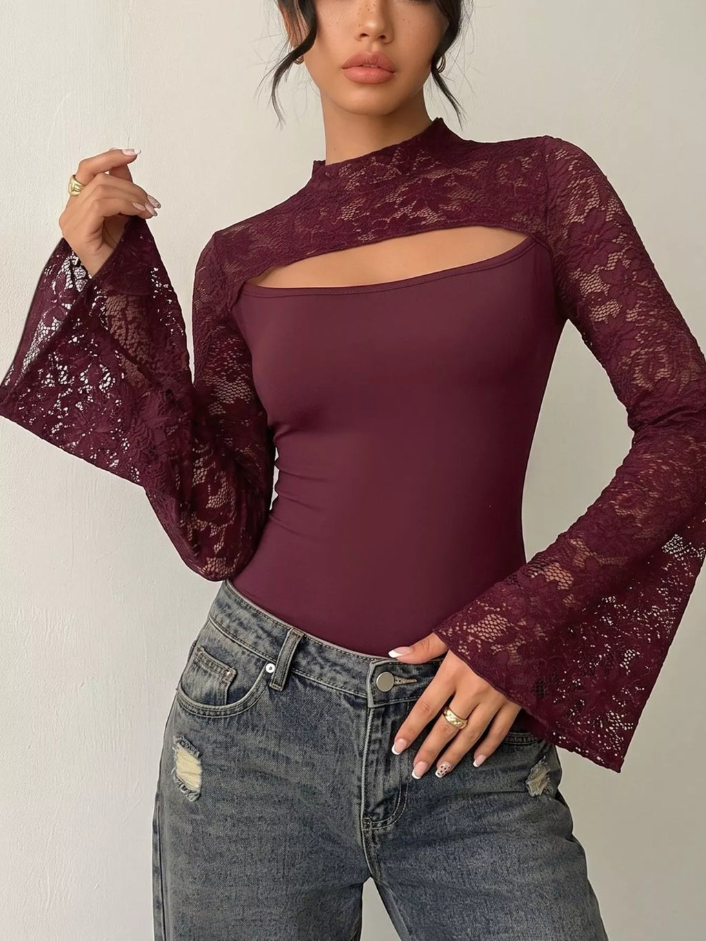 Lace Cut-out Flare Sleeve Bodysuit - Lilixa.store