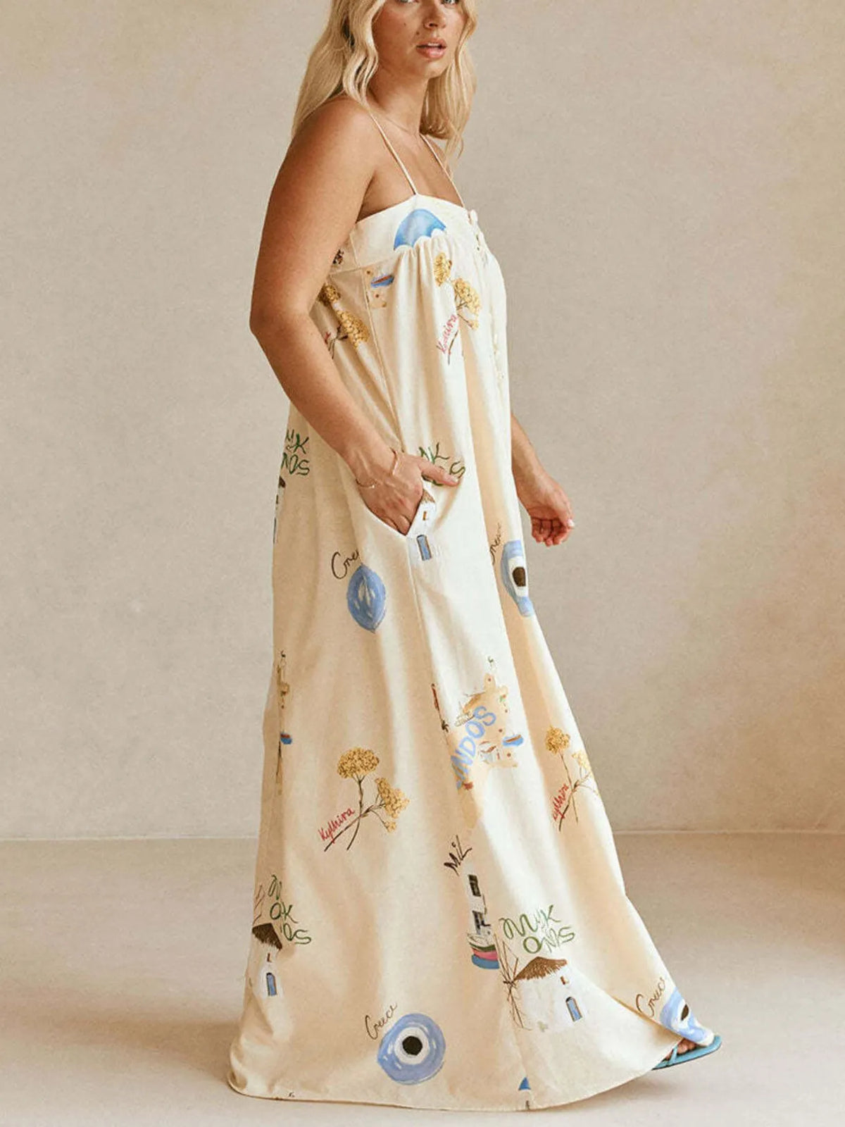 Bohemian Print Cami Maxi Dress with Pockets in Beige, view 6