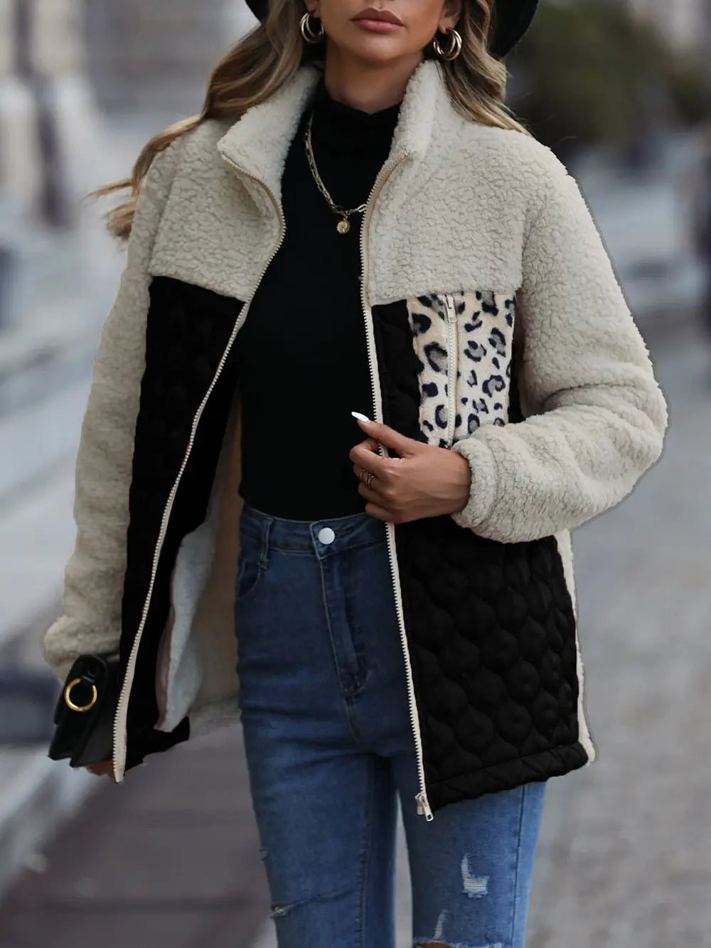 Leopard Color Block Zip-Up Jacket, view 7