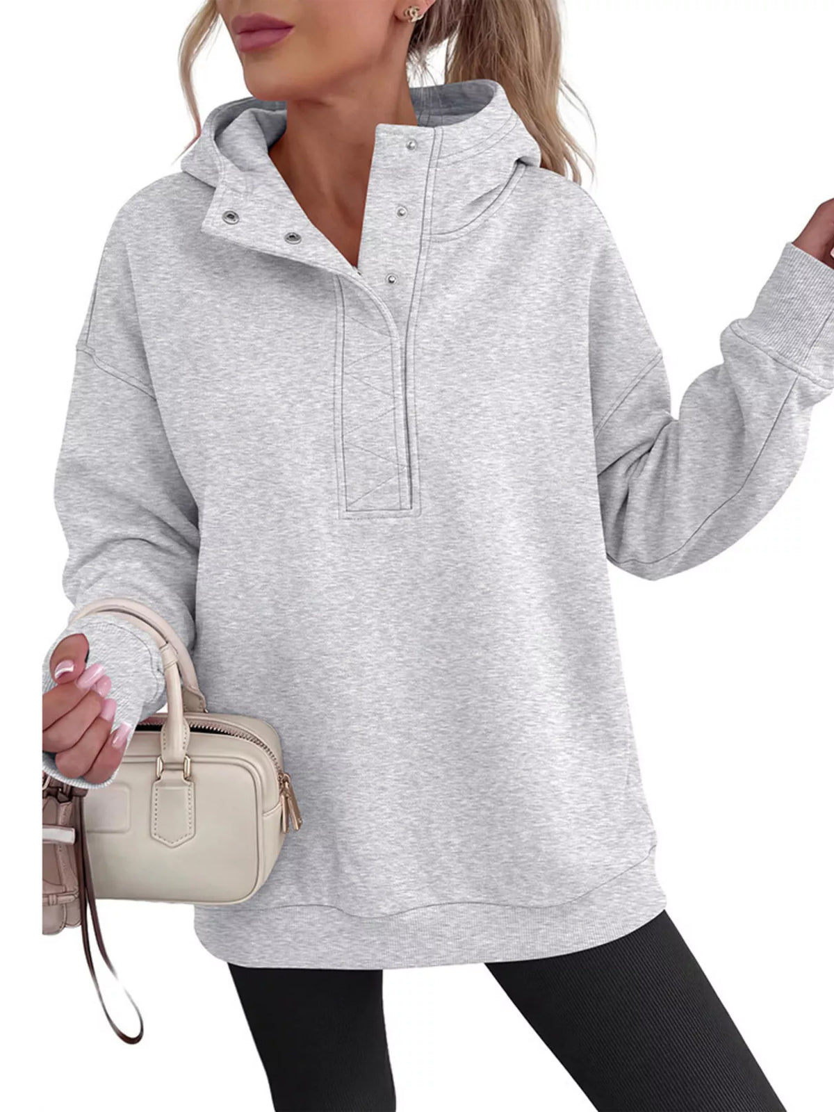Half Snap Dropped Shoulder Hoodie - Lilixa.store