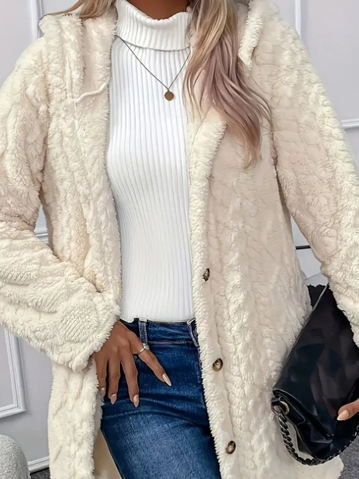 Faux Fur Teddy Coat with Button Front in Cream, view 6