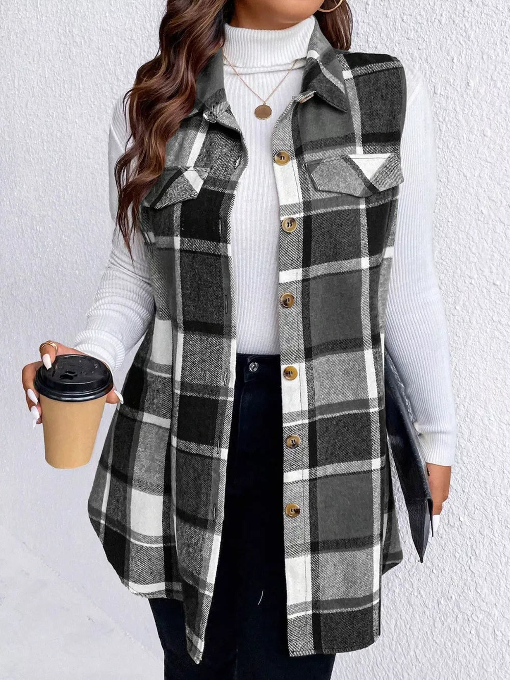 Honey Plus Size Pocketed Plaid Button Up Vest Coat, view 9