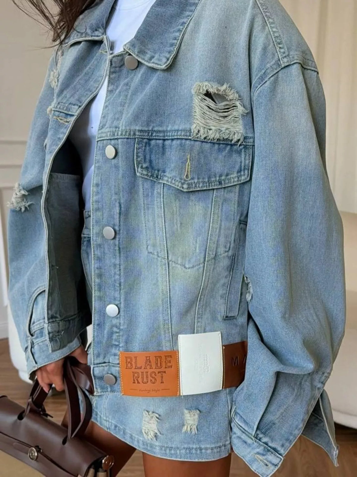 Distressed Denim Jacket and Mini Skirt Set in Light Blue, view 8