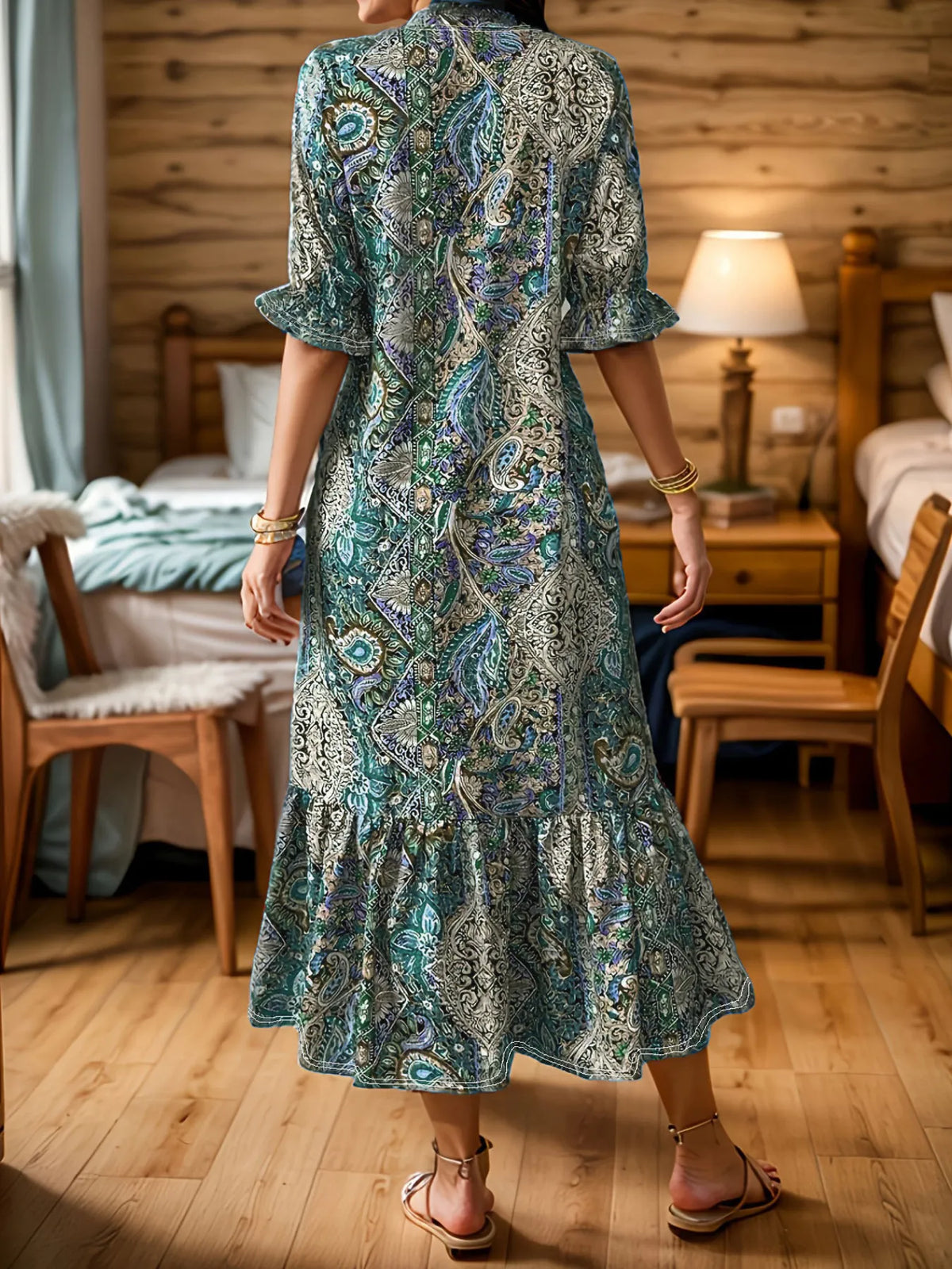 Full Size Bohemian Paisley Print Ruffle Hem Midi Dress Plus Size - Lilixa.store