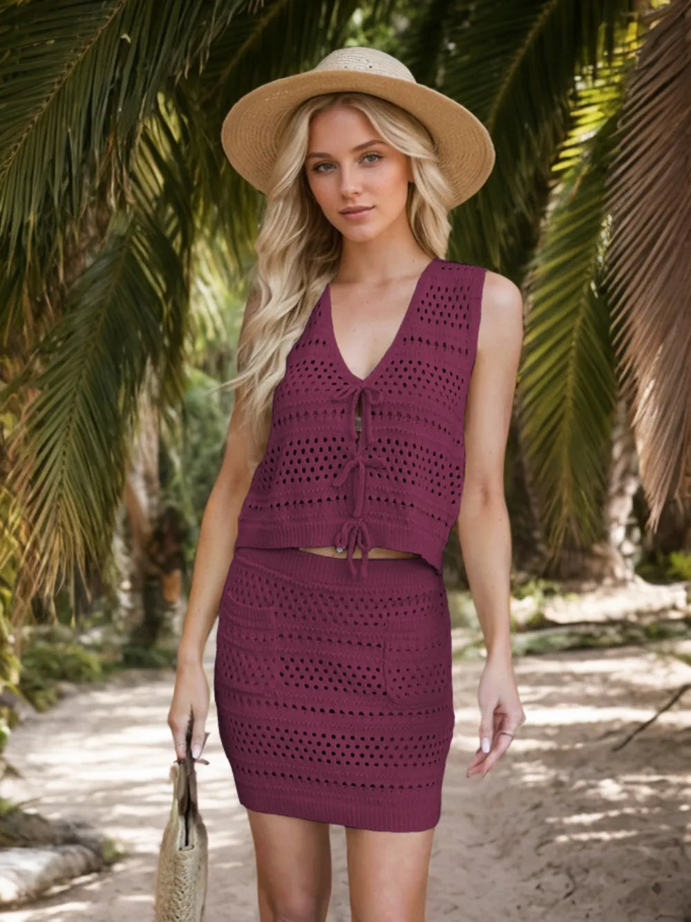 Openwork V-Neck Top and Skirt Knit Cover Up Set - Lilixa.store