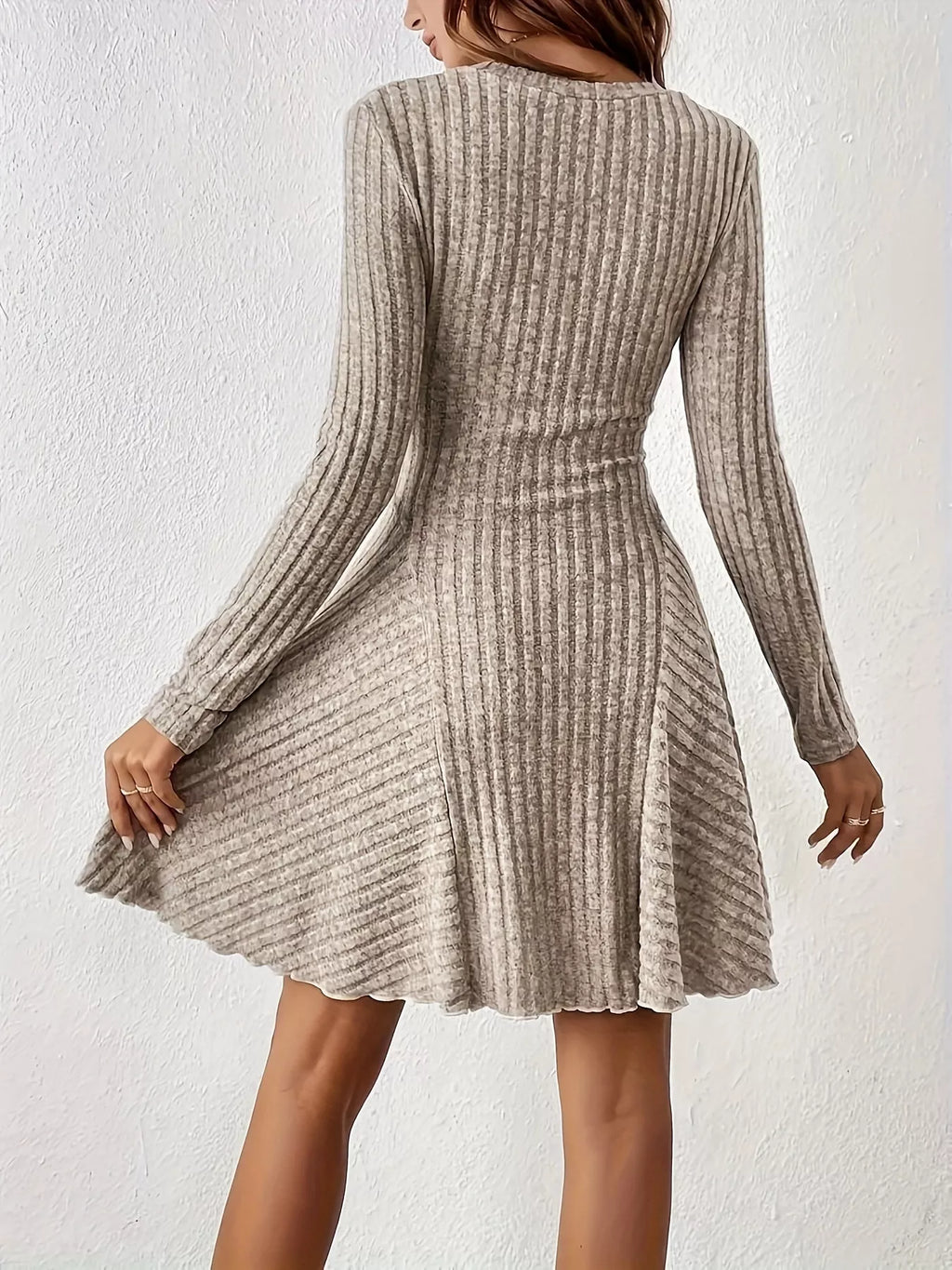 V-Neck Ribbed Knit Flared Knit Dress - Lilixa.store