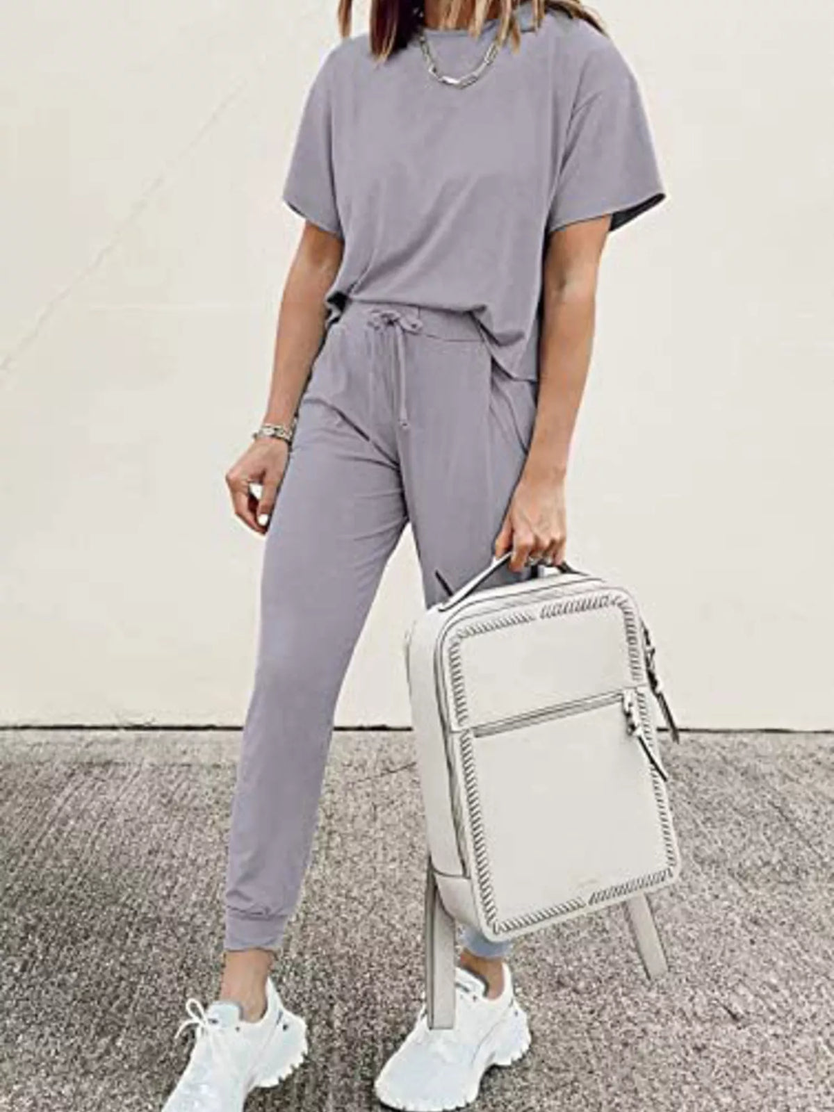 Full Size Round Neck Top and Drawstring Pants Set Plus Size - Lilixa.store