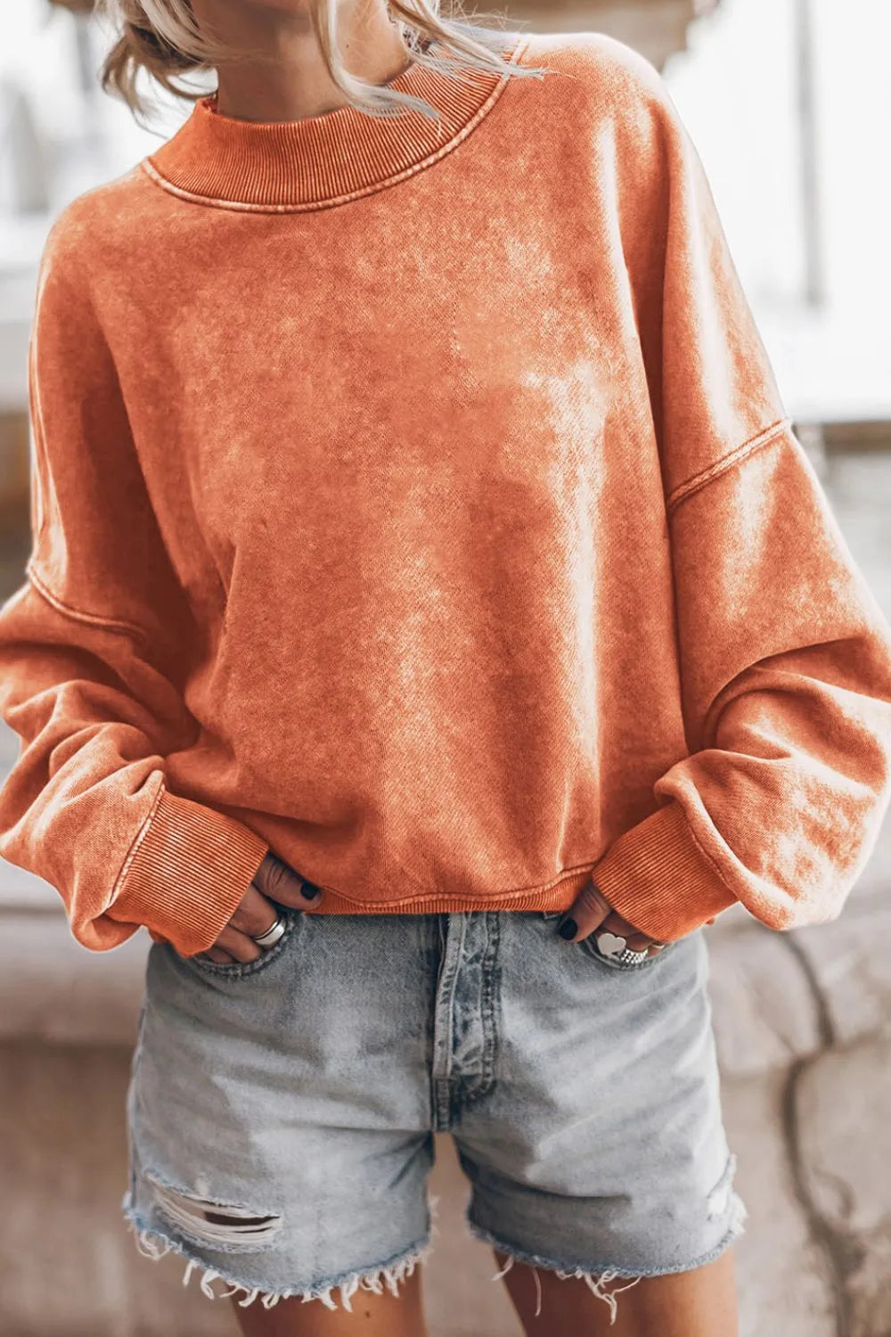 Mock Neck Dropped Shoulder Sweatshirt - Lilixa.store