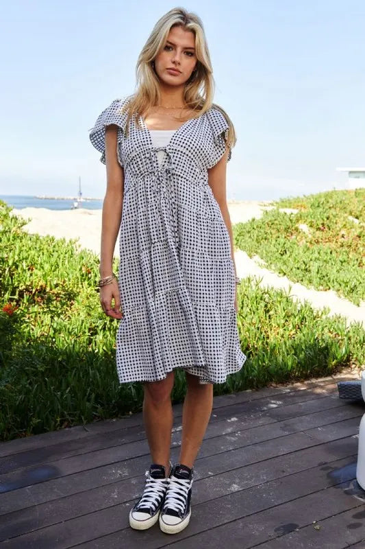 Davi & Dani Jacquard V-Neck Flutter Cap Sleeve Tiered Dress - Lilixa.store