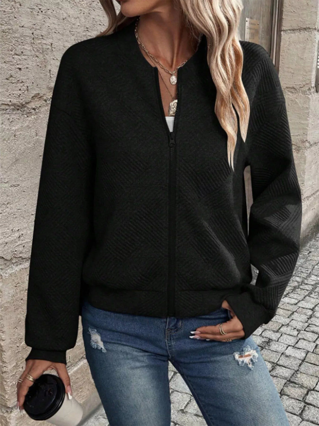 Textured Knit Zip-Up Jacket - Lilixa.store