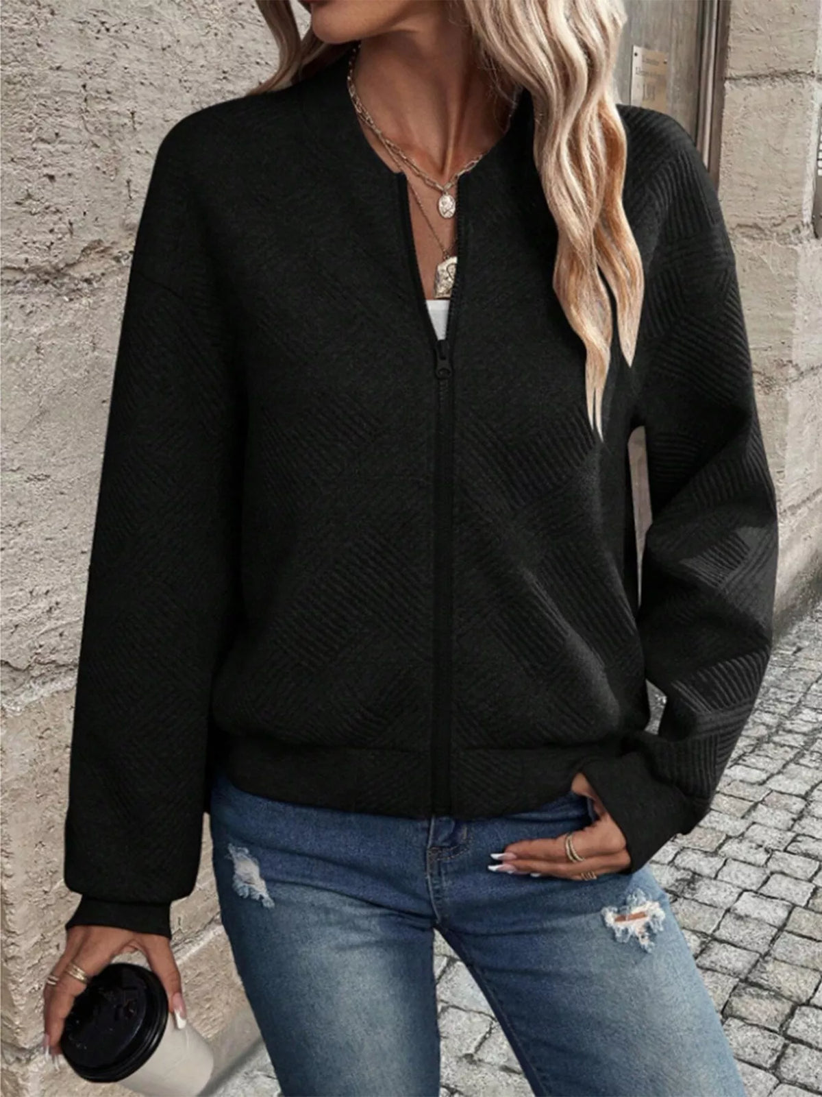 Textured Knit Zip-Up Jacket - Lilixa.store
