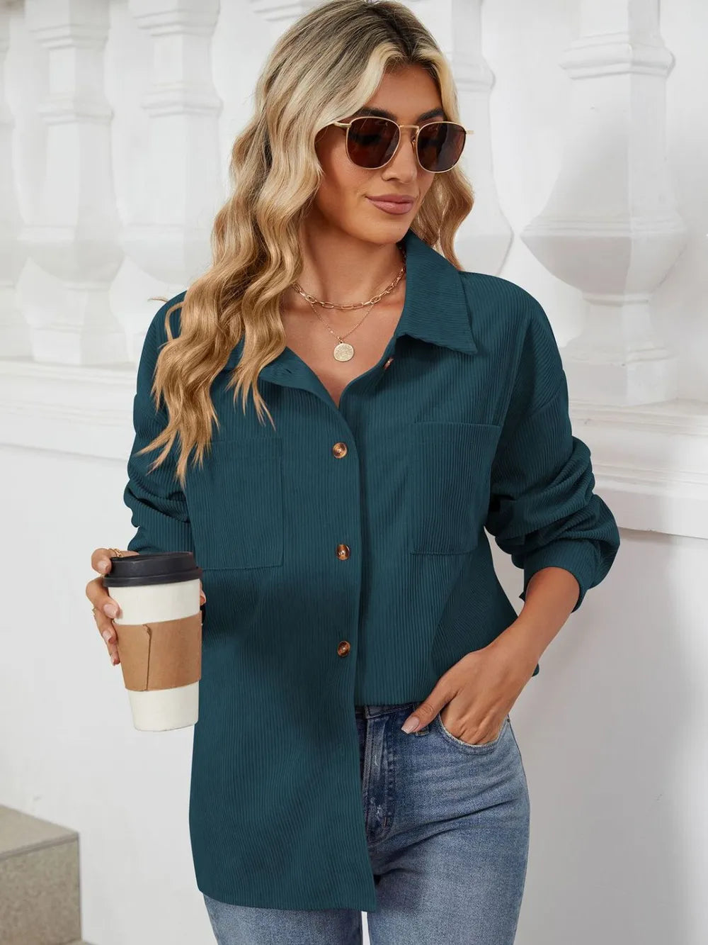 Button Up Dropped Shoulder Long Sleeve Outerwear - Lilixa.store