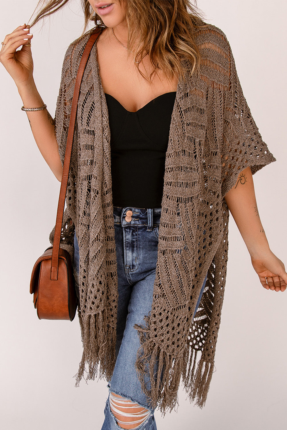 Fringe Hem Slit Open Front Cardigan, view 7