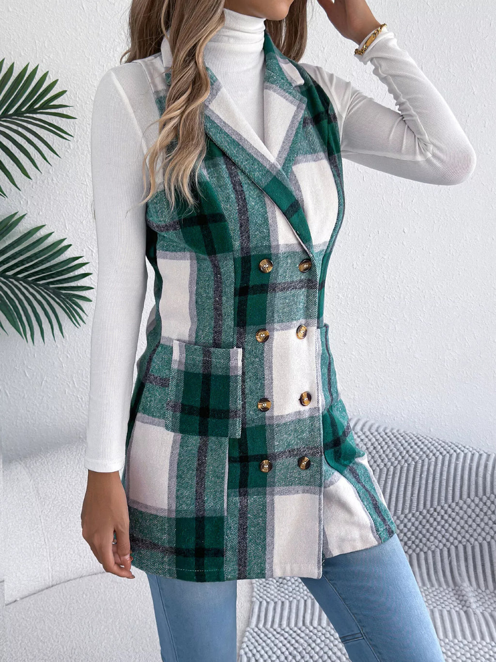 Plaid Double-Breasted Vest Coat - Lilixa.store