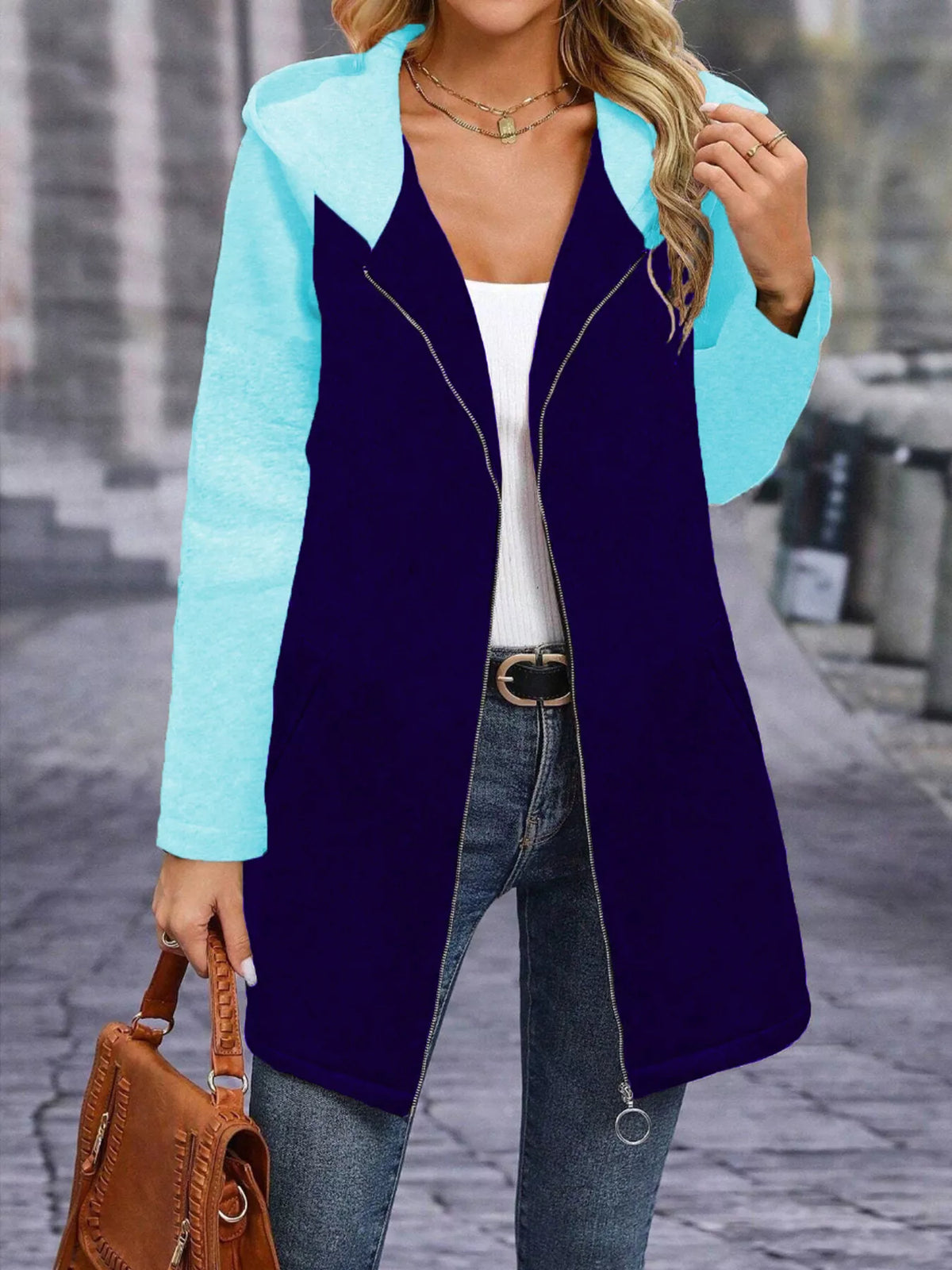 Full Size Zip Up Hooded Longline Outerwear Plus Size, view 3