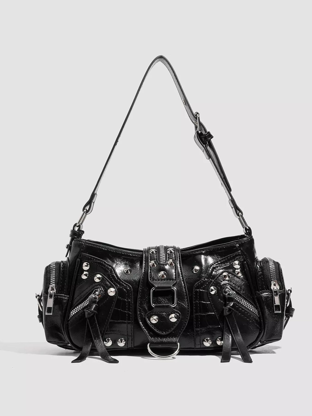 Y2K Style Rivet Embellished Patent Leather Shoulder Bag in Black