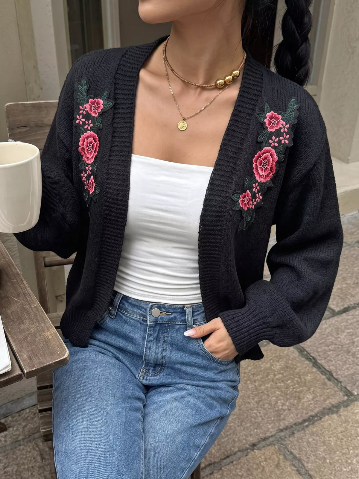Floral Embroidered Applique Knit Cardigan in Black, view 4
