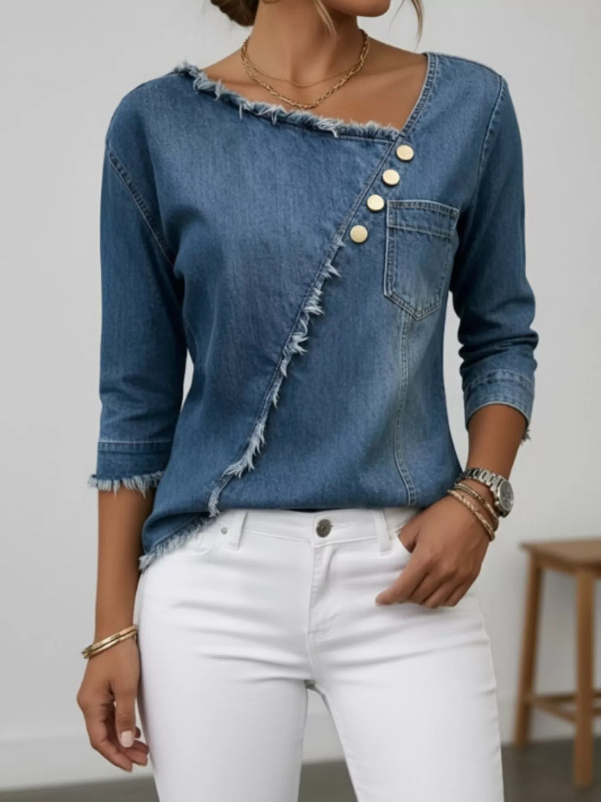 Asymmetric Raw-Edge Button-Detail Denim Top in Navy Blue
