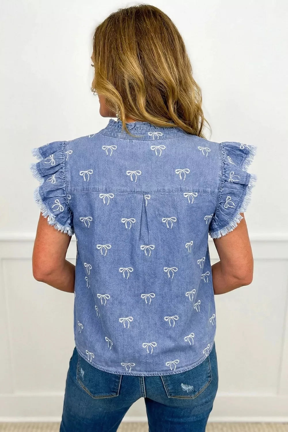 Frilled Collar Flutter Sleeve Denim Top - Lilixa.store