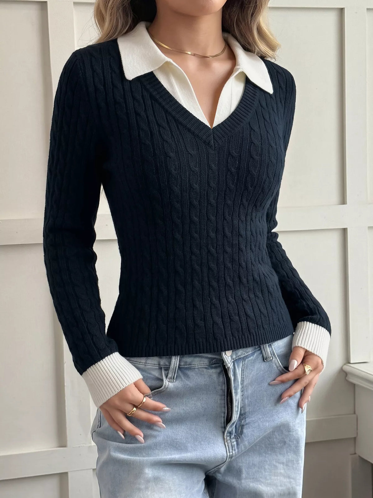 Cable Knit Contrast Collar Sweater in Navy, view 3
