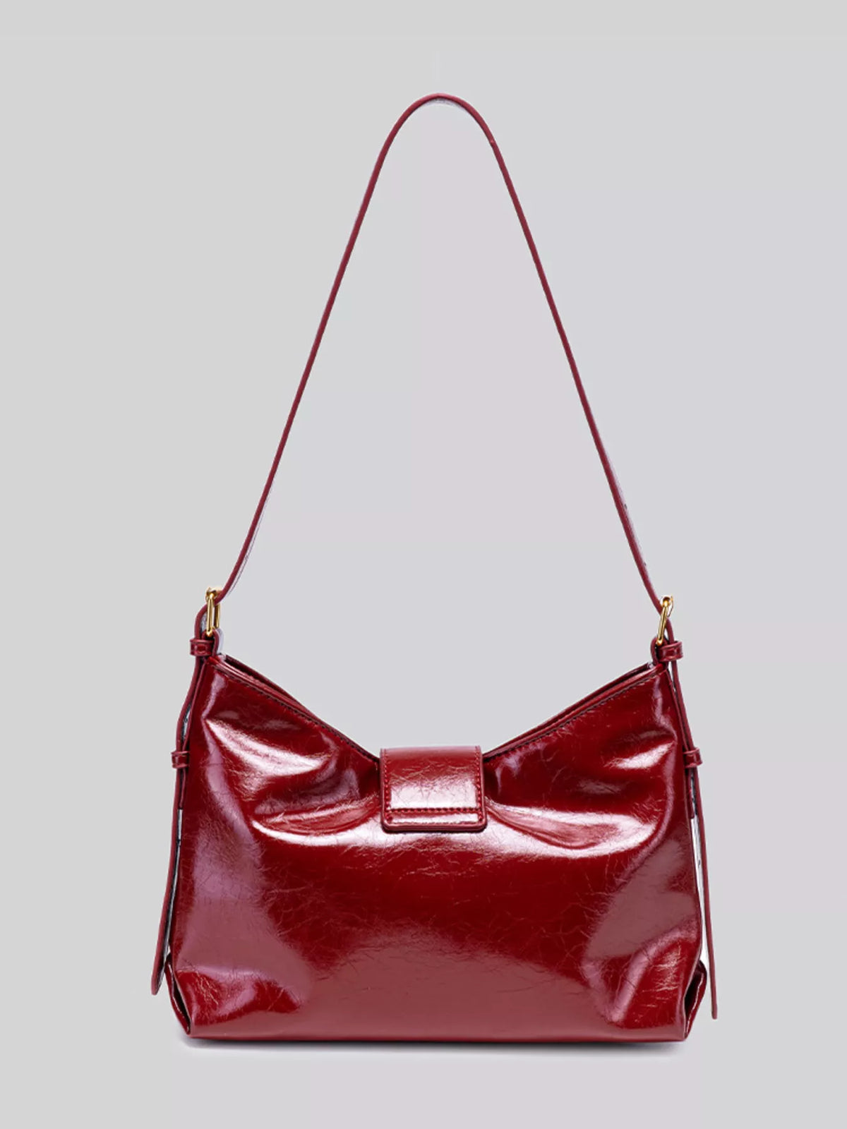 Elegant Glossy Patent Leather Shoulder Bag with Crescent Gold Accent in Wine Red, view 3
