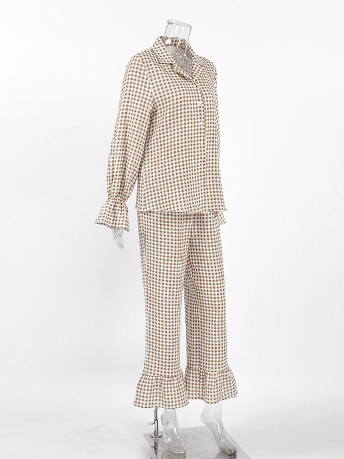 Gingham Ruffle-Trim Top and Pants Lounge Set - Lilixa.store