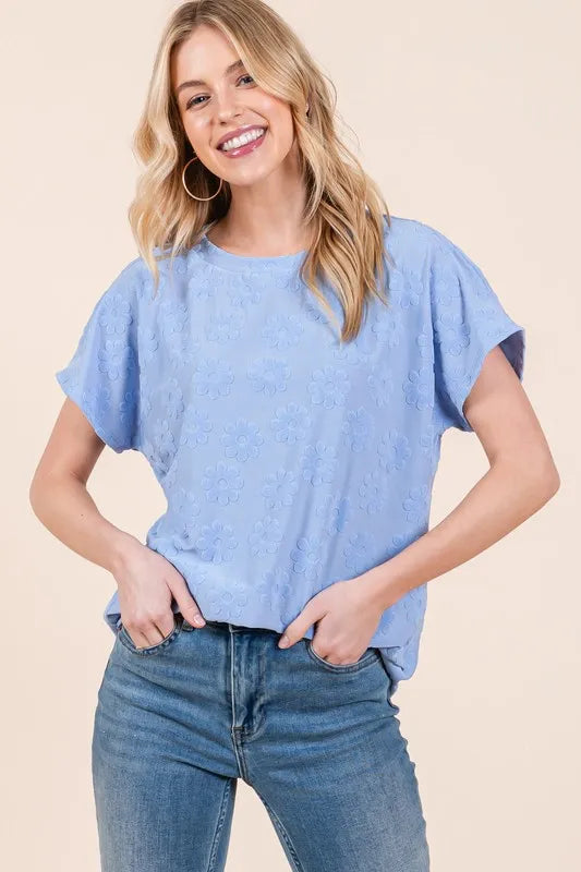 BOMBOM Textured Floral Pattern Short Sleeve T-Shirt - Lilixa.store