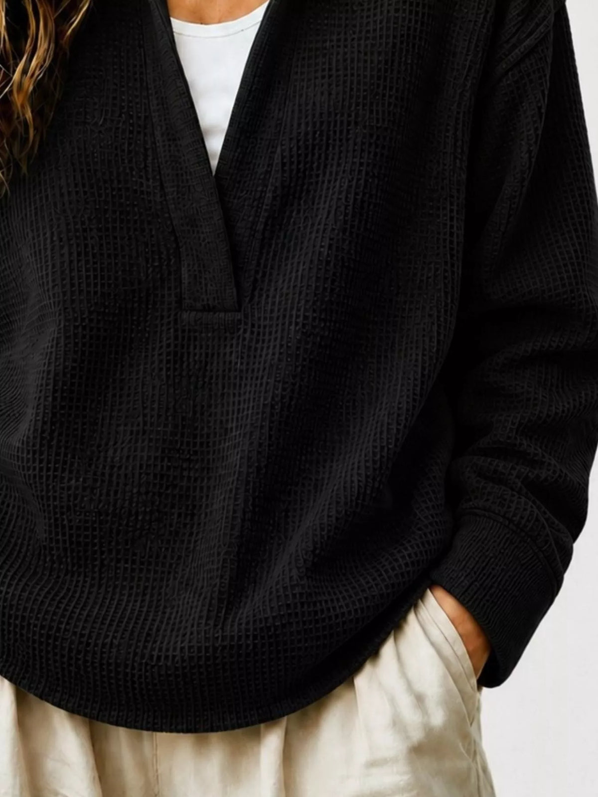 Full Size Waffle Knit Dropped Shoulder Sweatshirt Plus Size
