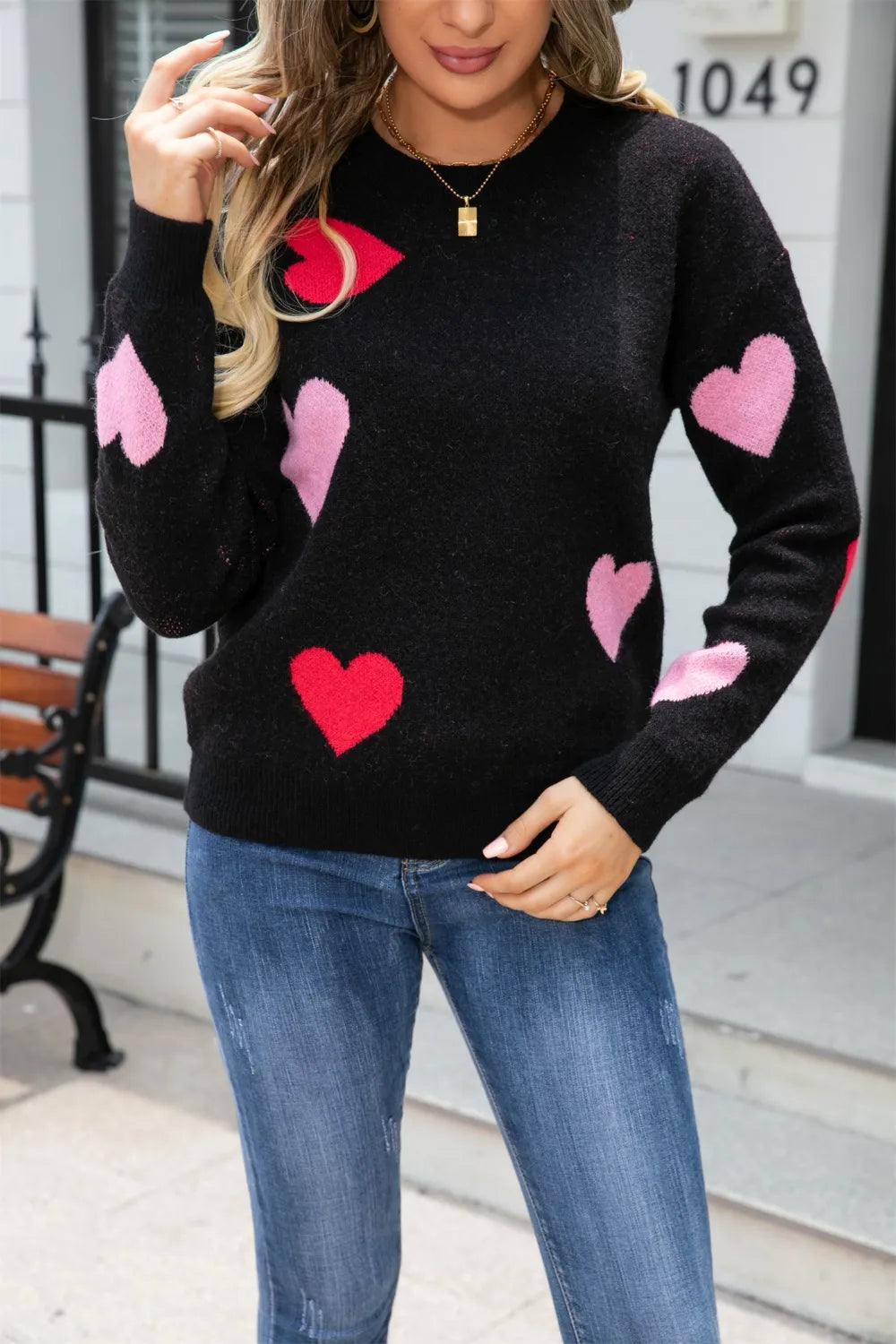 Angel Wings Heart Round Neck Droppped Shoulder Sweater in Black