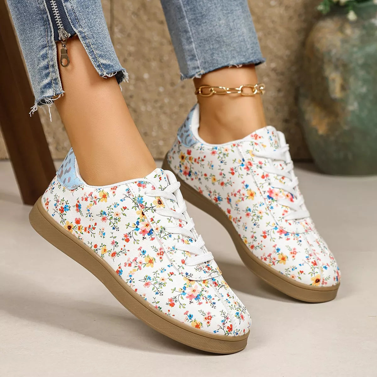 Floral Print Lace-Up Sneakers - Lilixa.store