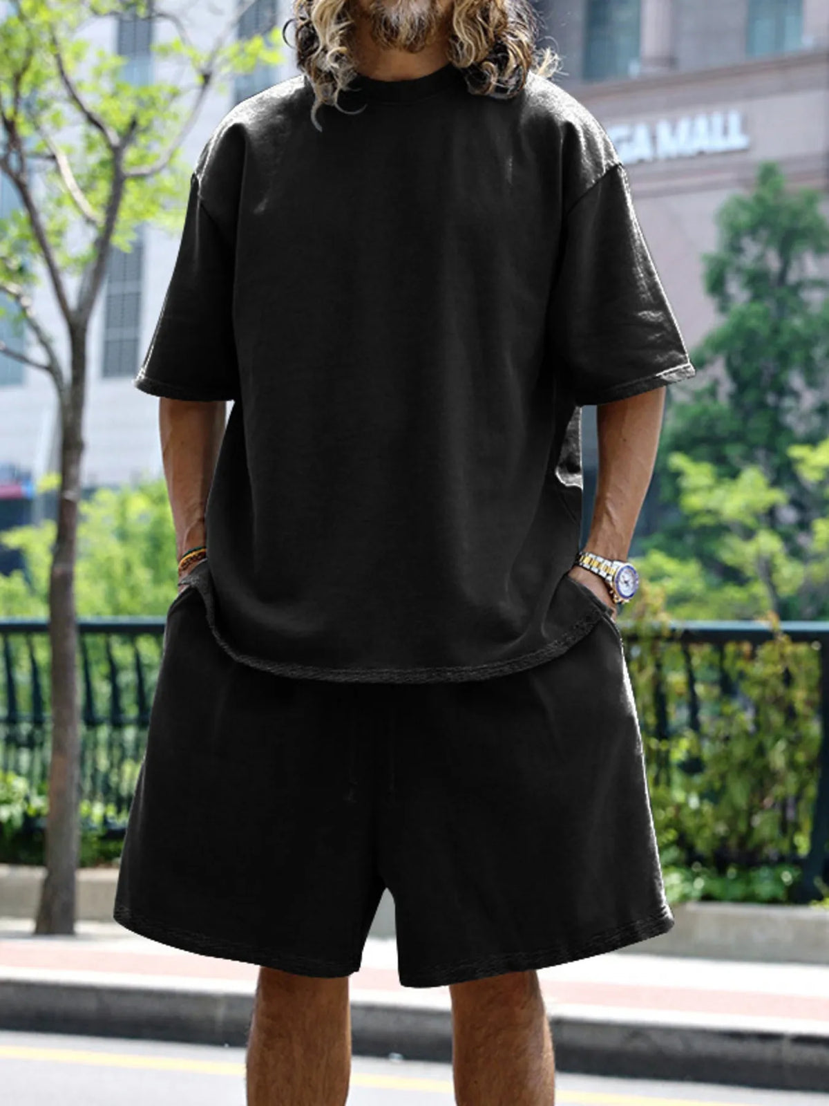 Men's Full Size Round Neck Short Sleeve Top and Shorts Set Plus Size in Black