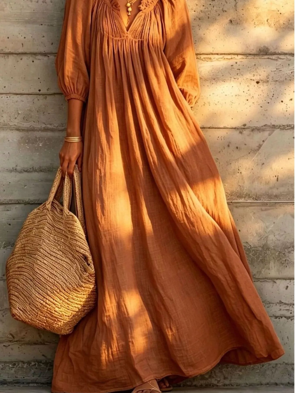 Tiered Notched 3/4 Sleeve Maxi Dress - Lilixa.store