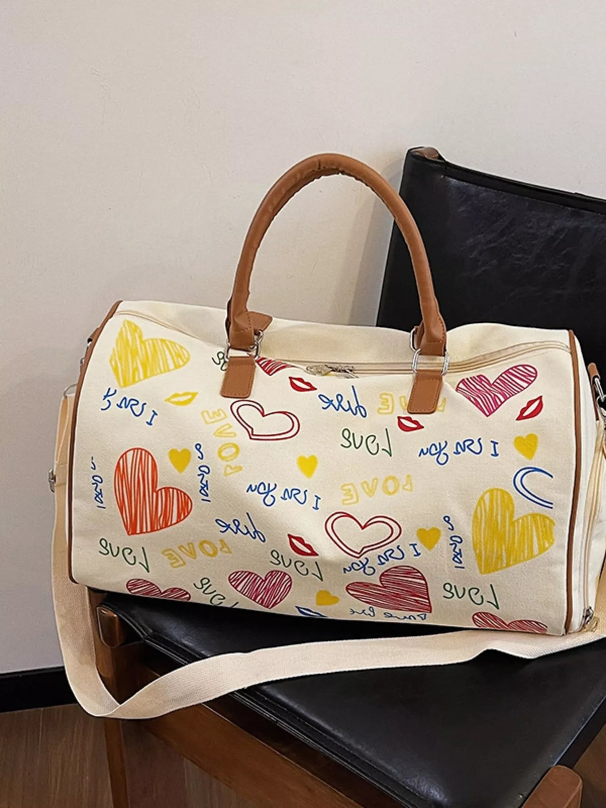 Printed Duffel Bag with Adjustable Strap in Off-white, view 3