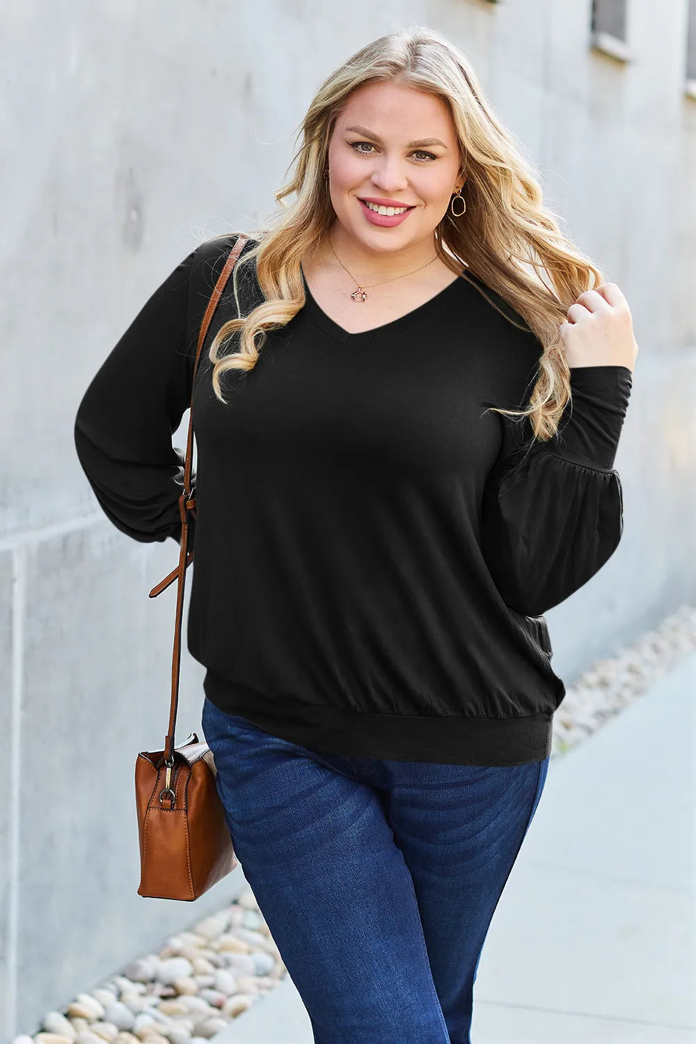 Basic Bae Full Size V-Neck Lantern Sleeve Top - Lilixa.store