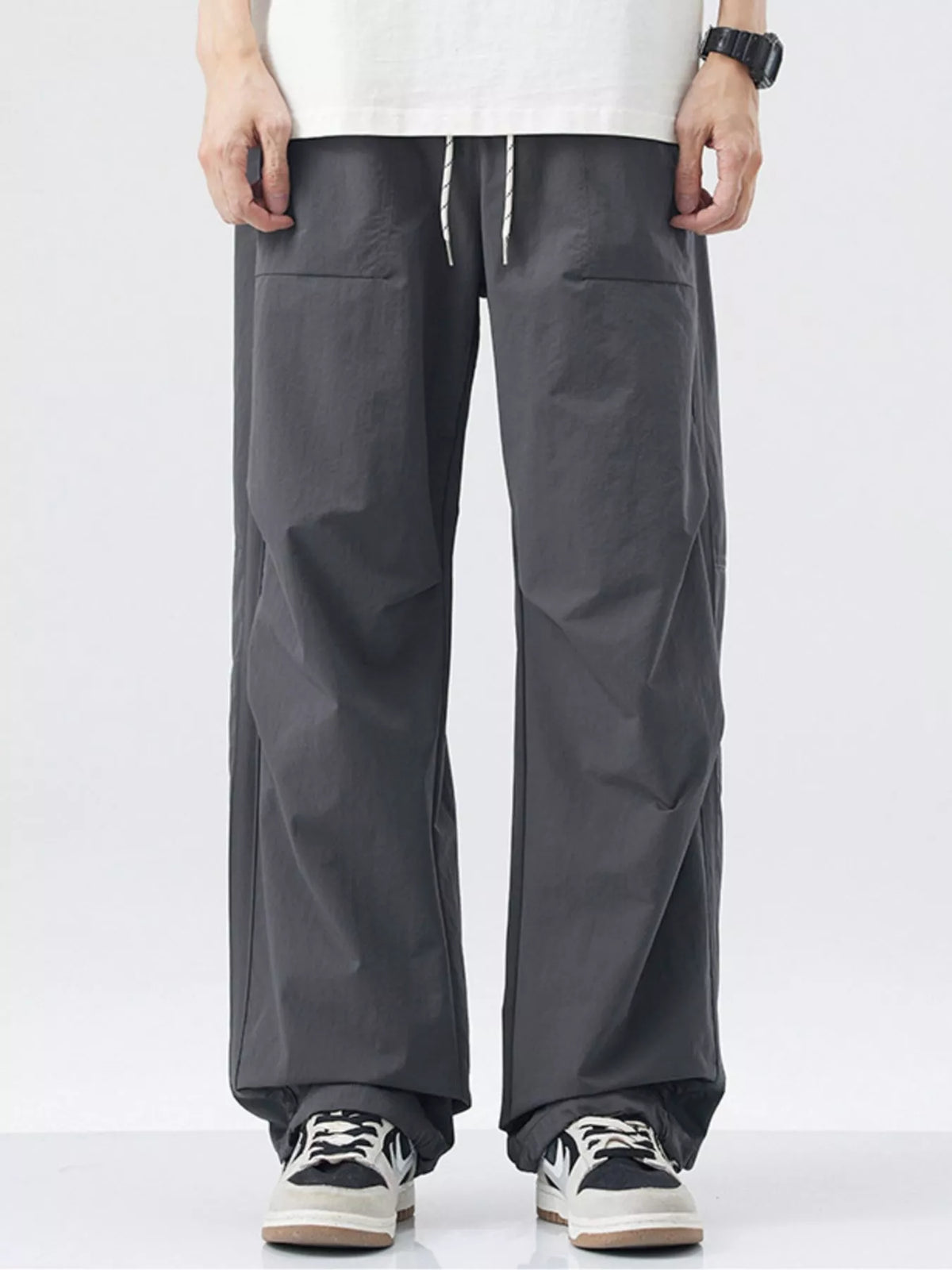 Men's Loose-Fit Drawstring Wide Leg Pants in Dark Gray