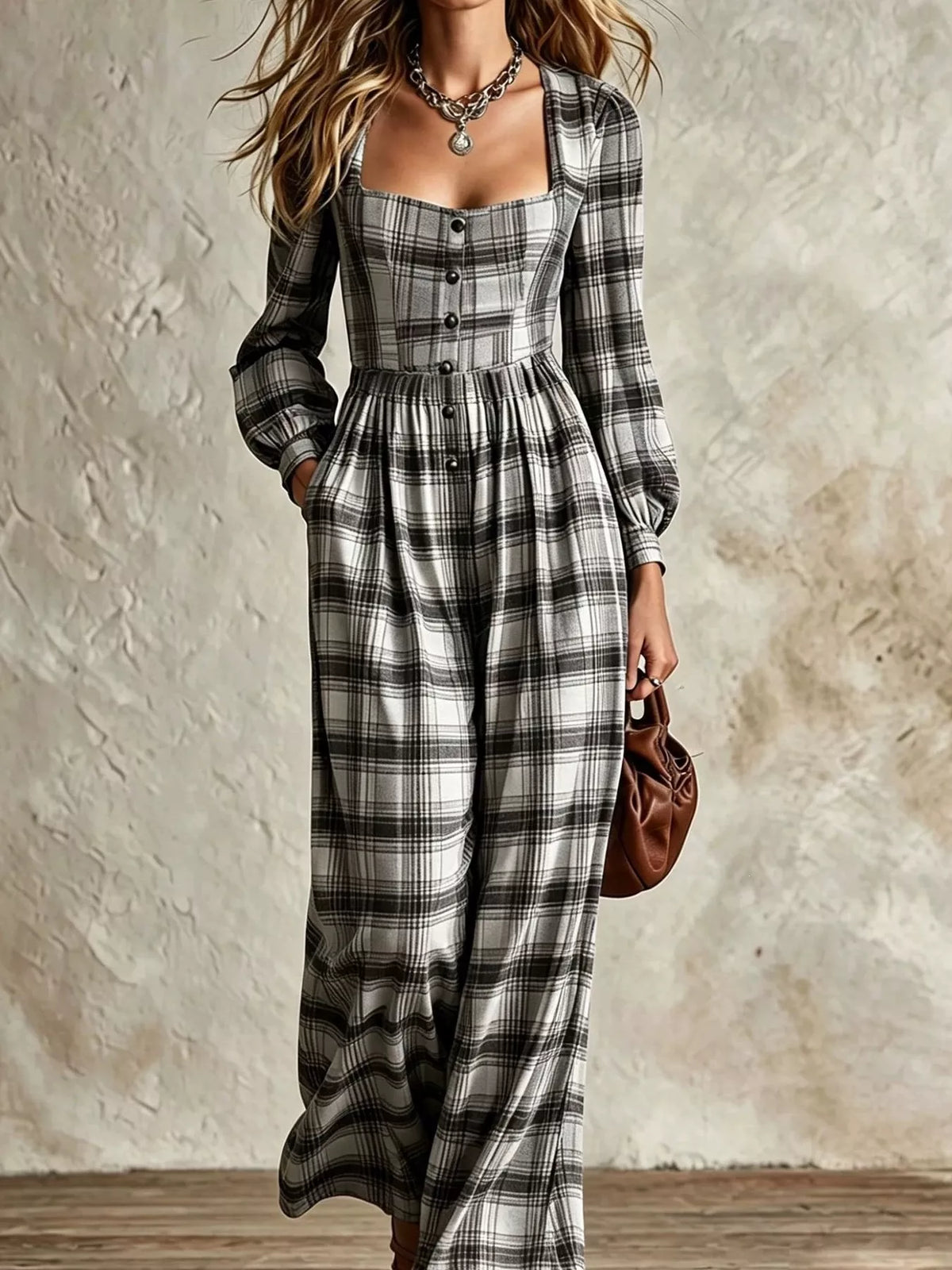 Plaid Square Neck Long Sleeve Wide Leg Jumpsuit - Lilixa.store