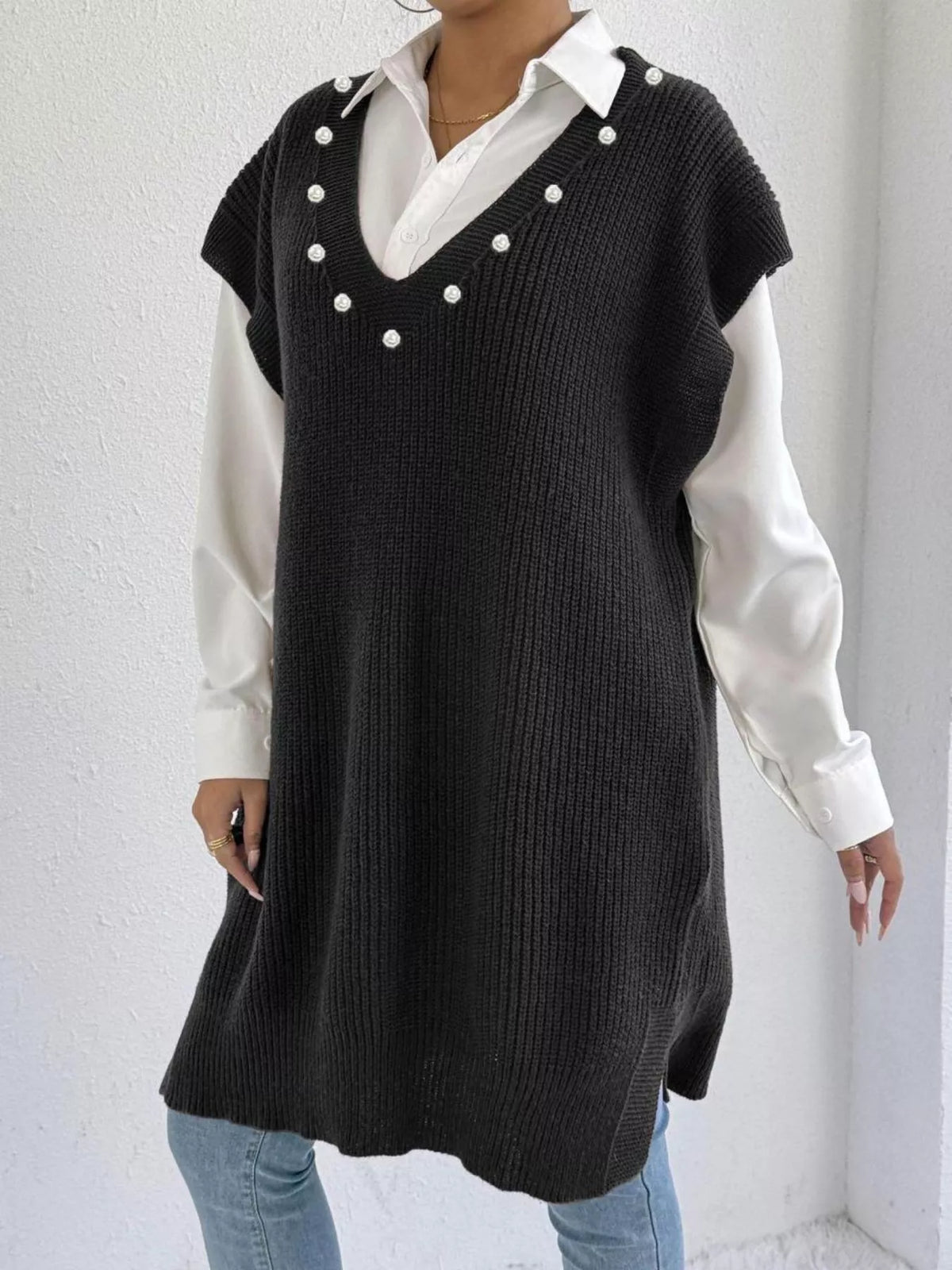 Slit V-Neck Sweater Dress in Black