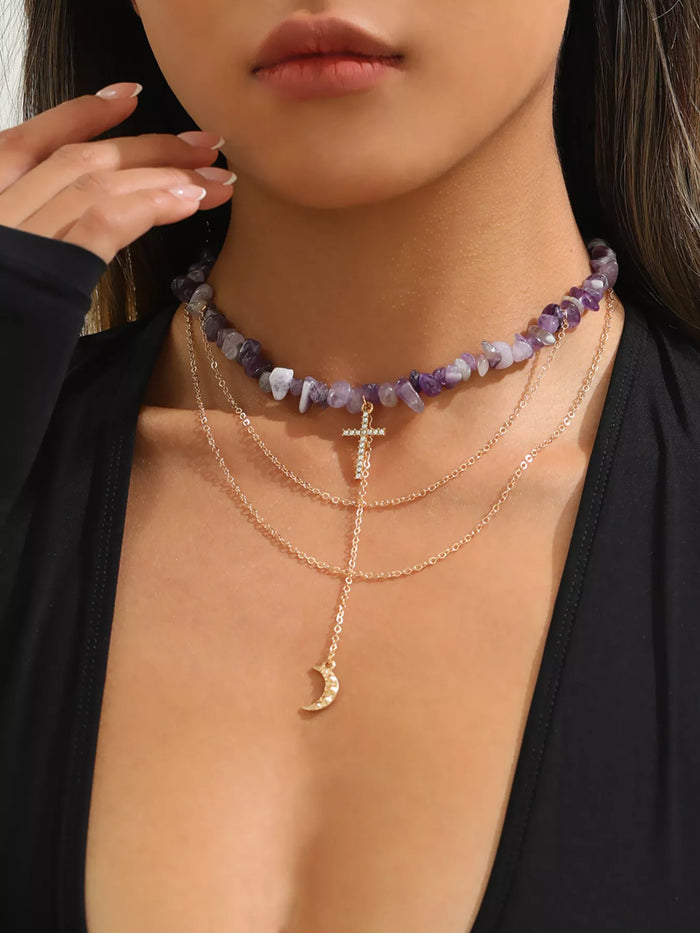 Layered Cross and Moon Pendant Necklace - Lilixa.store