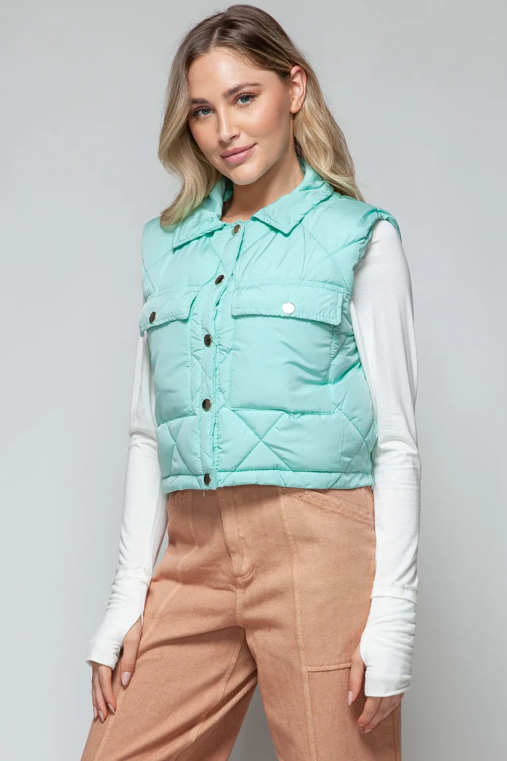 Snobbish Snap Down Quilted Crop Vest in Green, view 4
