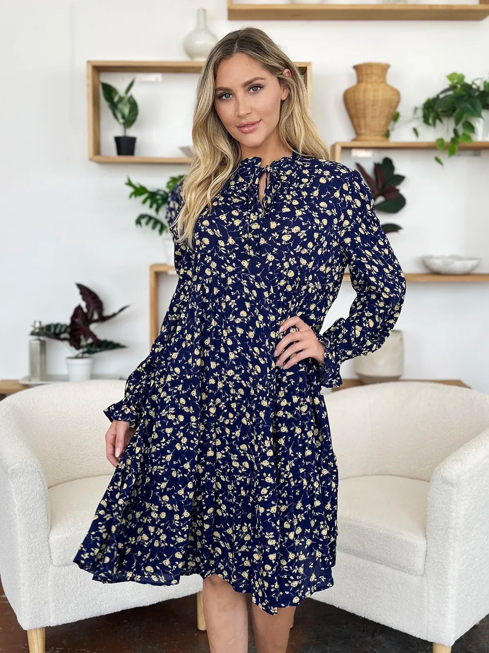 Double Take Full Size Printed Ruffle Hem Long Sleeve Tiered Dress - Lilixa.store