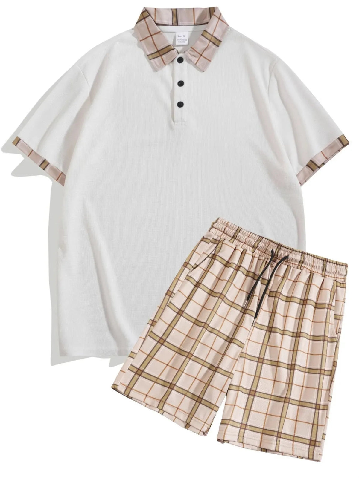 Men's Full Size Classic Plaid Collar Polo and Shorts Set Plus Size in White