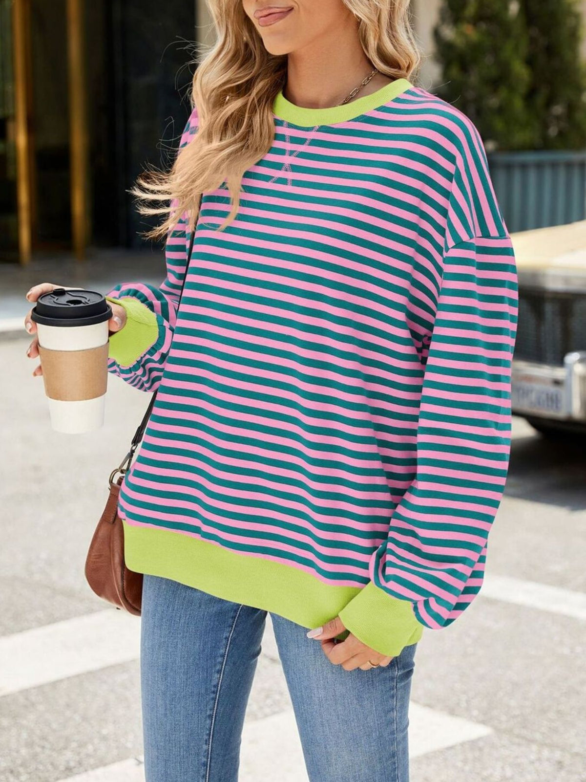 Striped Crew Neck Long Sleeve Sweatshirt, view 22