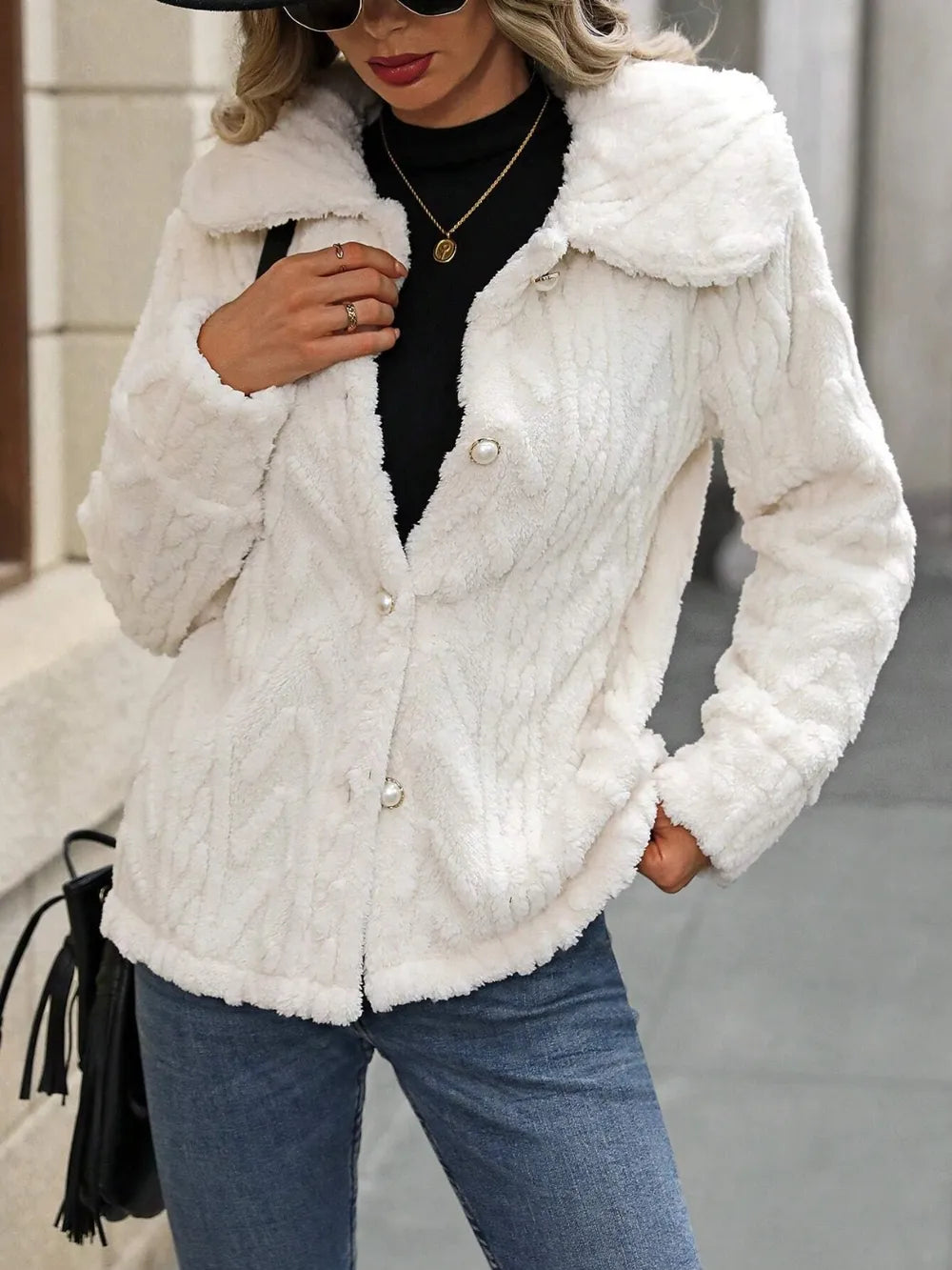 Fuzzy Texture Button Up Collared Neck Coat in Cream, view 3