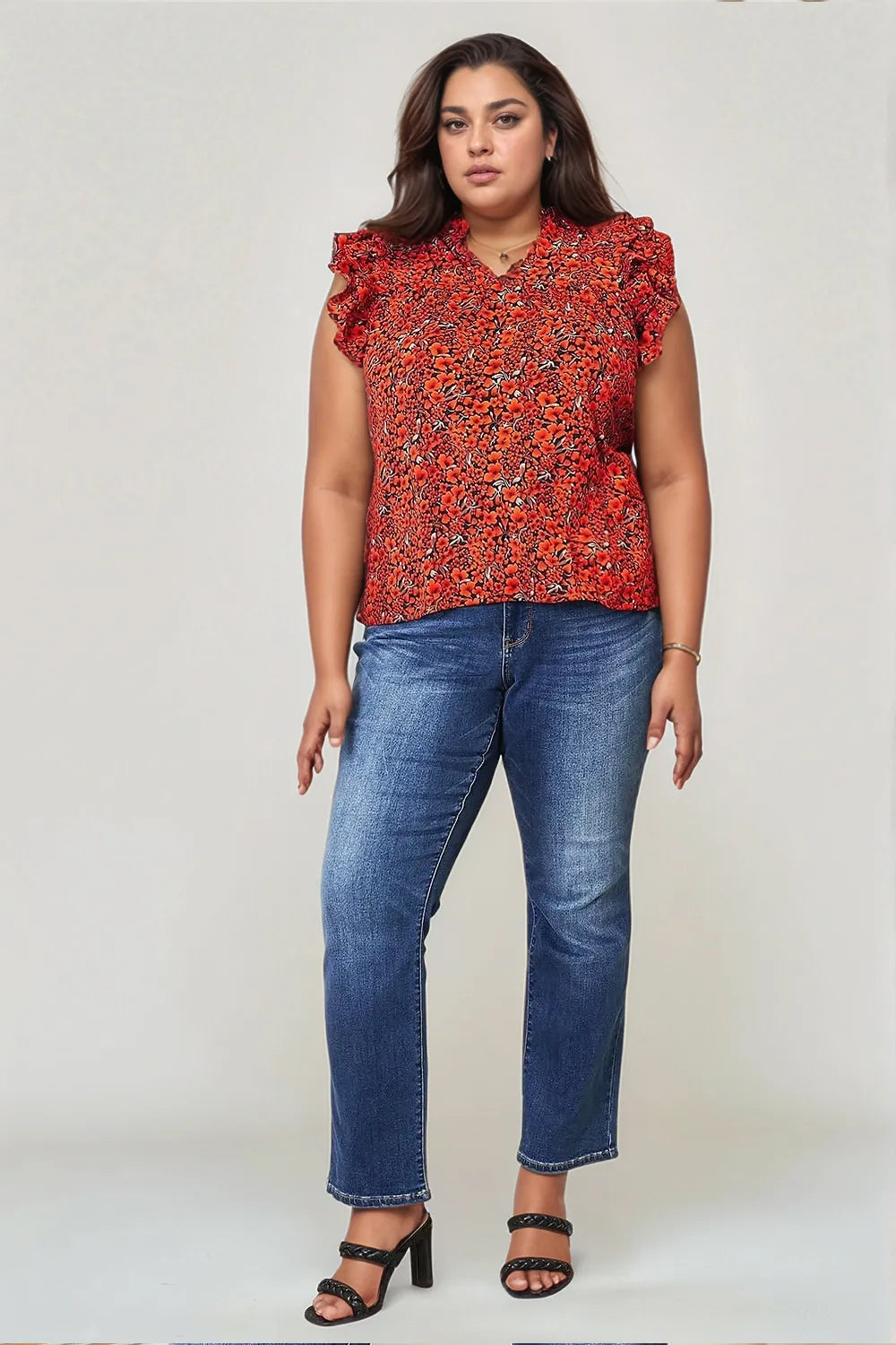 Double Take Floral Flutter Sleeve Notched Neck Blouse in Orange-Red, view 2