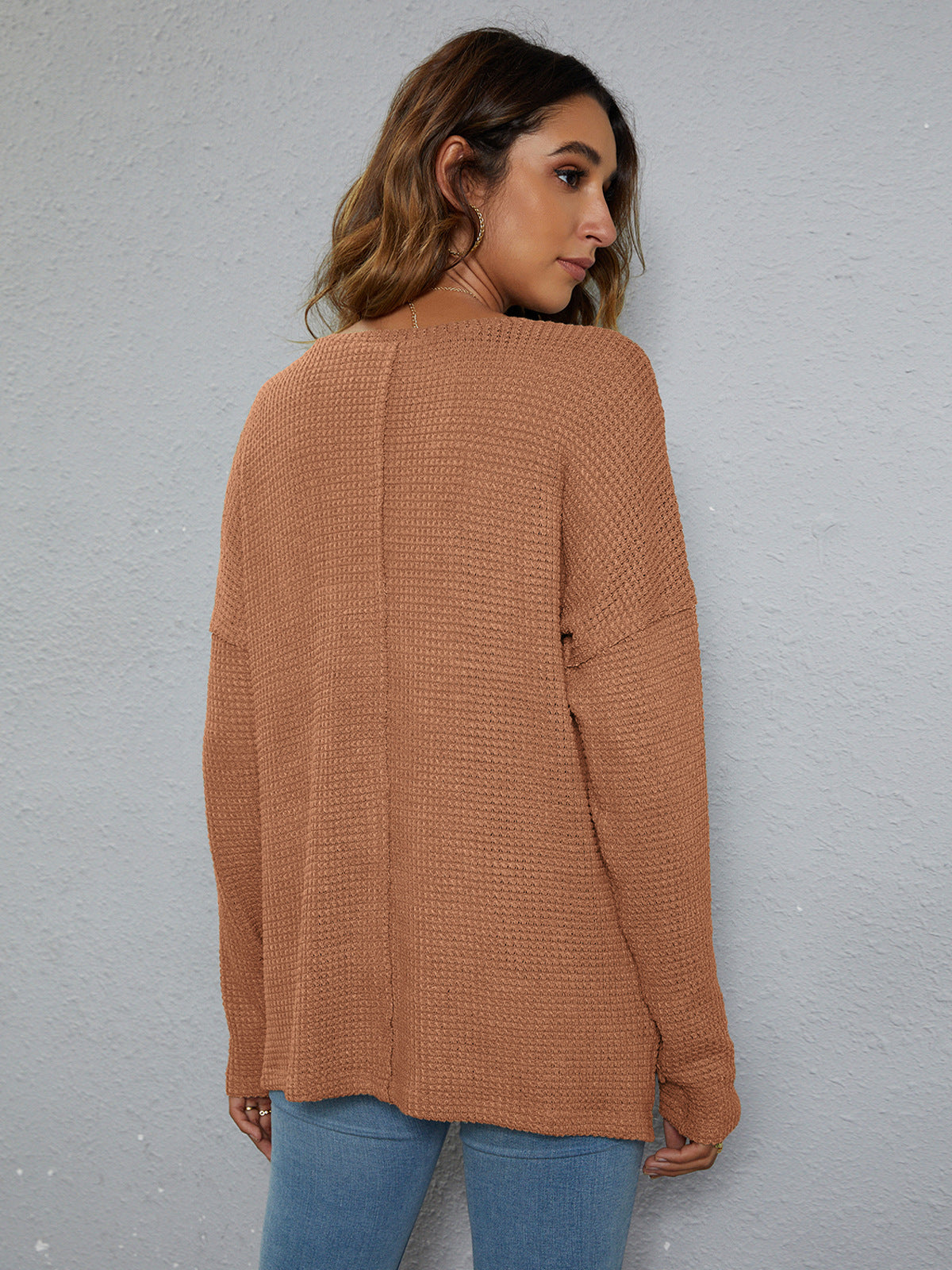 Dropped Shoulder High-Low Waffle-Knit Top, view 5