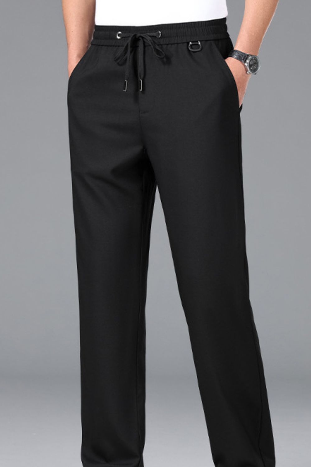 Men's Plus Size Casual Drawstring Straight-Leg Pants in Black