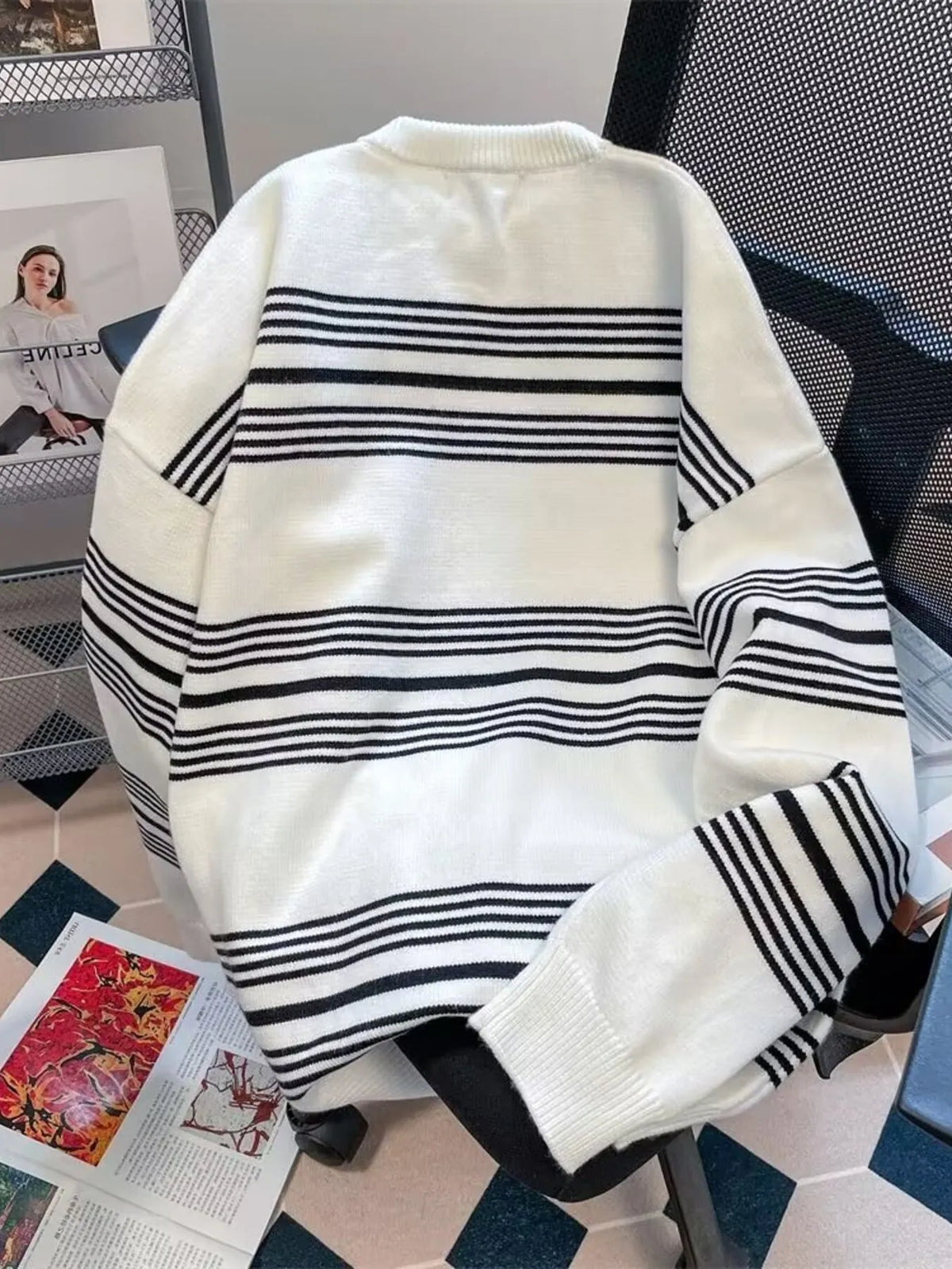 Men's Full Size Striped Pattern Round Neck Sweater Plus Size in White, view 2