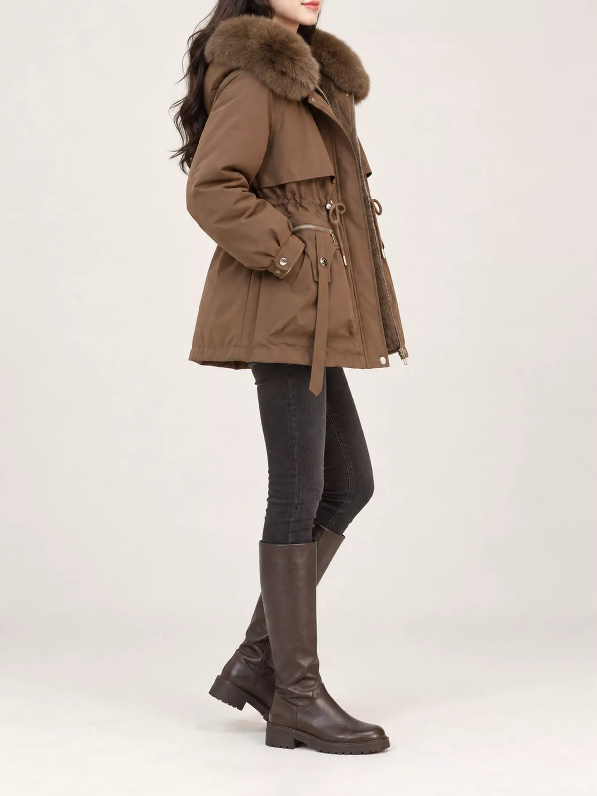 Plus Size Faux Fur Hooded Drawstring Waist Winter Parka Outerwear