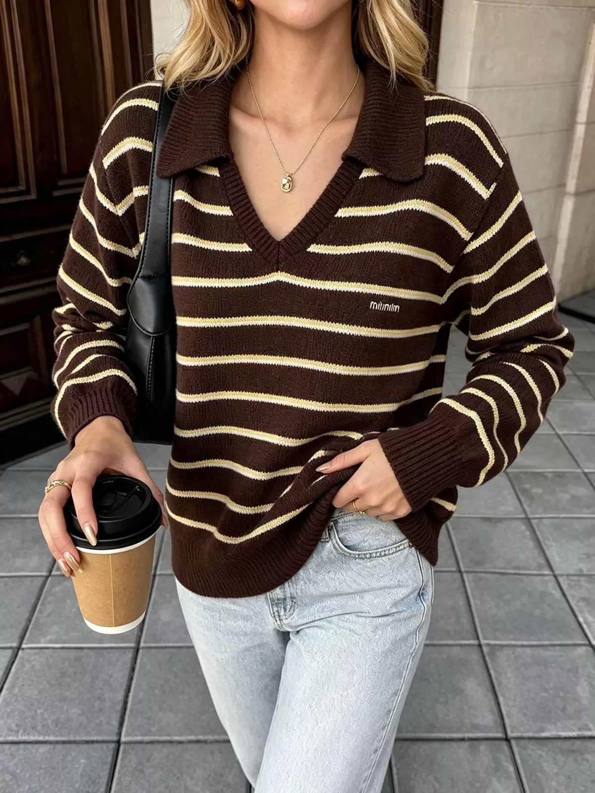 Vintage Striped Polo Collar Sweater in Brown, view 4